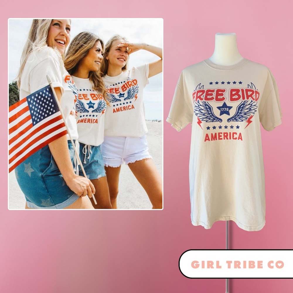 Girl Tribe Co. Free Bird American Off White Graphic Tee - Size Medium